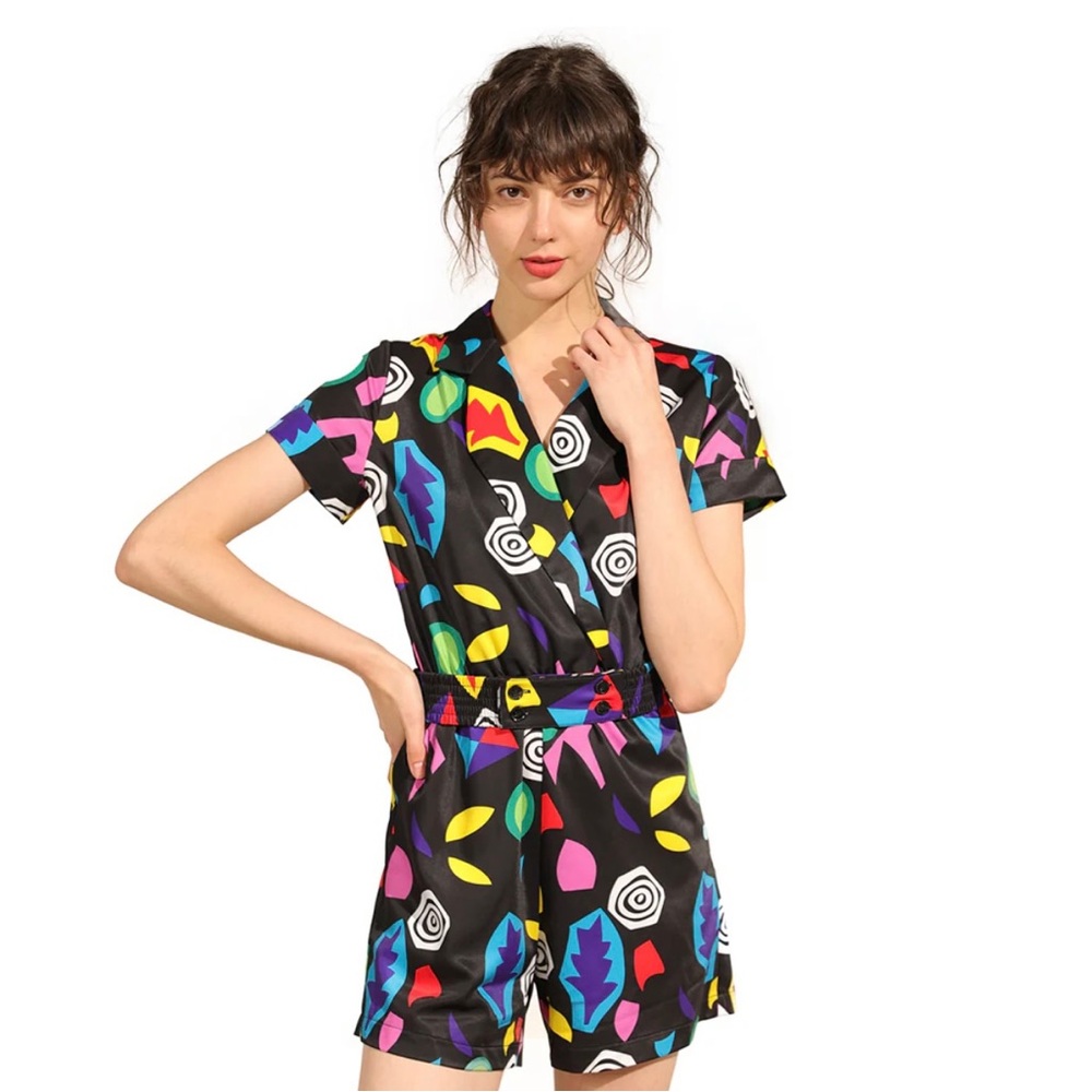 HALLOWEEN THINGS NETFLIX Artsy Obstruct Colorful Romper Jumpsuit SzL